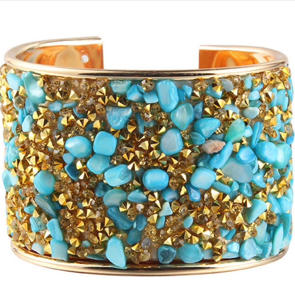 NWT Liv Oliver 18k Gold Plated Turquoise Gold Bead Cuff Bangle
